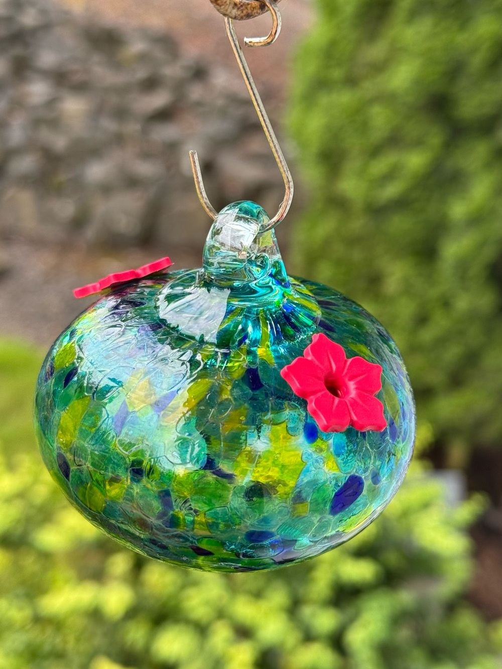 Beautiful hand blown glass mini hummingbird feeder